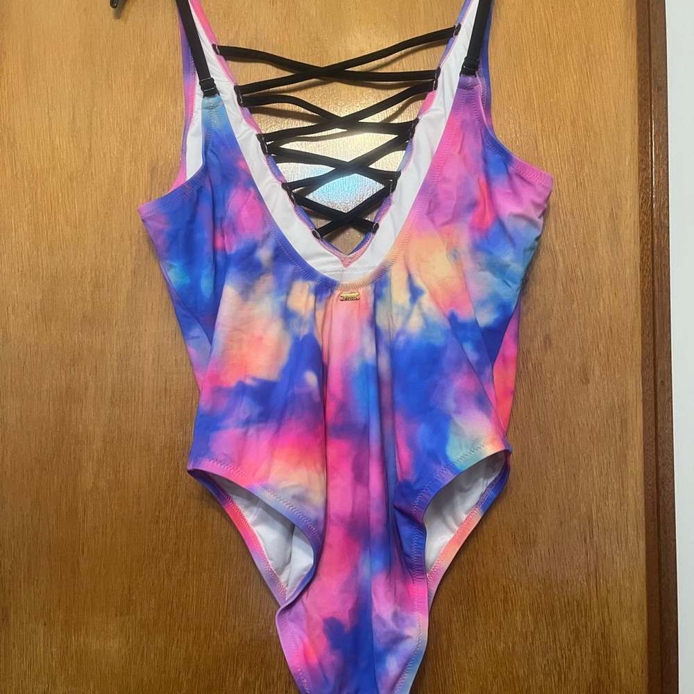 PINK Victoria's Secret Pink and Blue Bodysuit with Lace-Up Detail - Picture 2 of 4